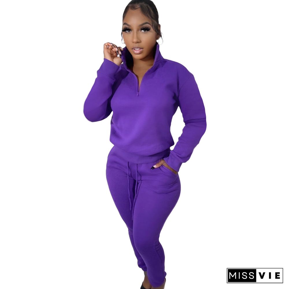 Casual Zipper Stand Collar Sweatshirt Pants Suits