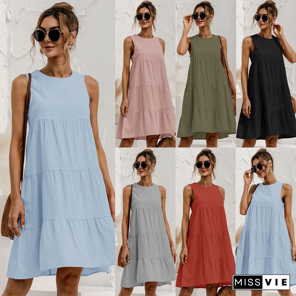 Summer Women Vest Dress Cotton O-Neck Sleeveless Solid Midi Dress Stitching Large Swing Casual Loose Sundress Vestidos