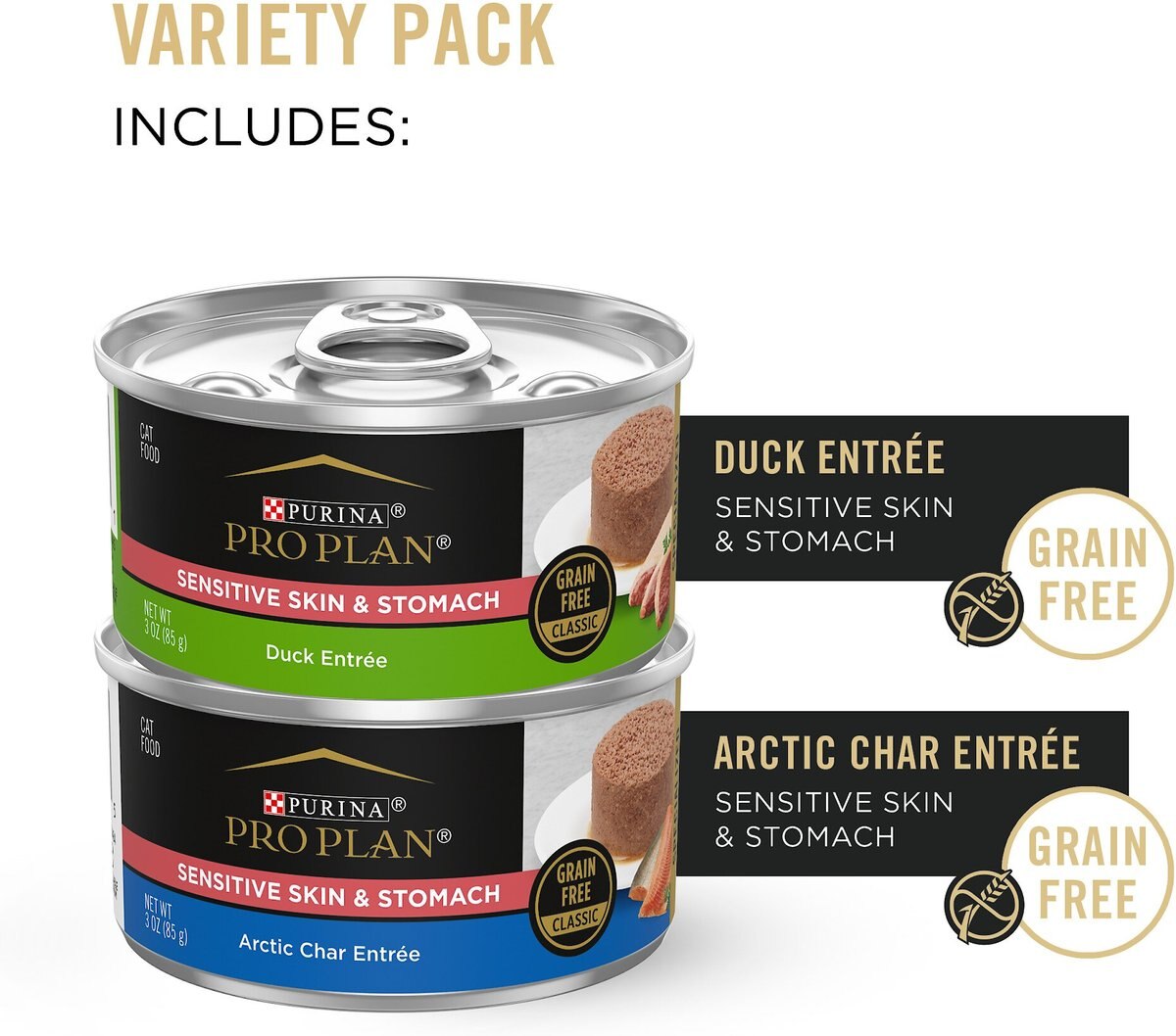 Purina Pro Plan Focus Sensitive Skin and Stomach Duck and Arctic Char Variety Pack Canned Cat Food， 3-oz can， case of 24