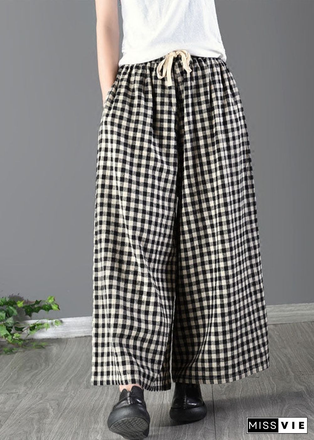 Casual Large Plaid Elastic Waist Linen Wide Leg Pants Summer