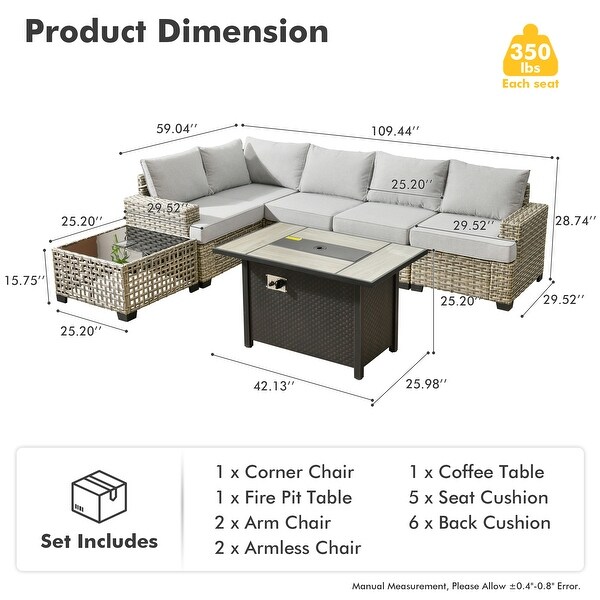 OVIOS 7 Pieces T shaped Seat Wide Armrest Set With SolarPowered Coffee TableandFire Pit