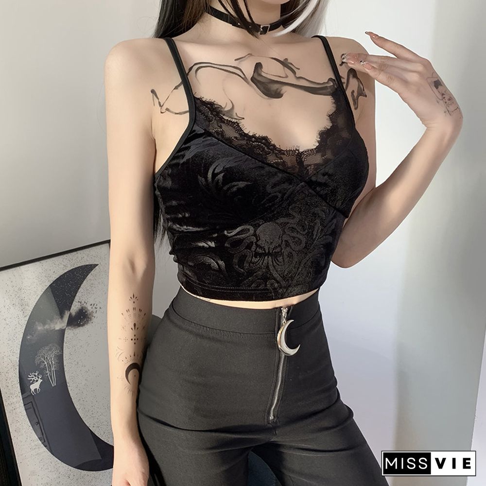 Sexy Mesh Patchwork Transparant Back Body Crop Top Women Sleeveless Clubwear Gothic Style Skull Graphic Embroidery Black Camis