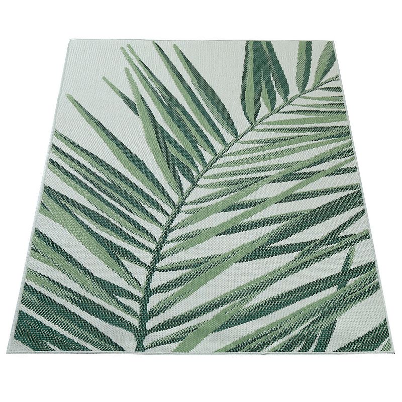 Green Beige Outdoor Rug with Palm Leaf Pattern for Patio or Balcony