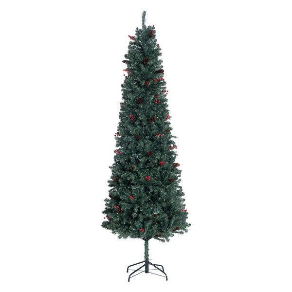 6.5ft Pencil Christmas Tree Prelit preDecorated with Pine Cones Red Berries 250 Warm Lights and Metal Stand