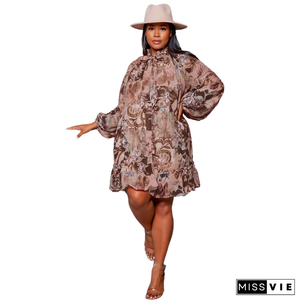 5XL Floral Print Long Sleeve Loose Plus Size Dress