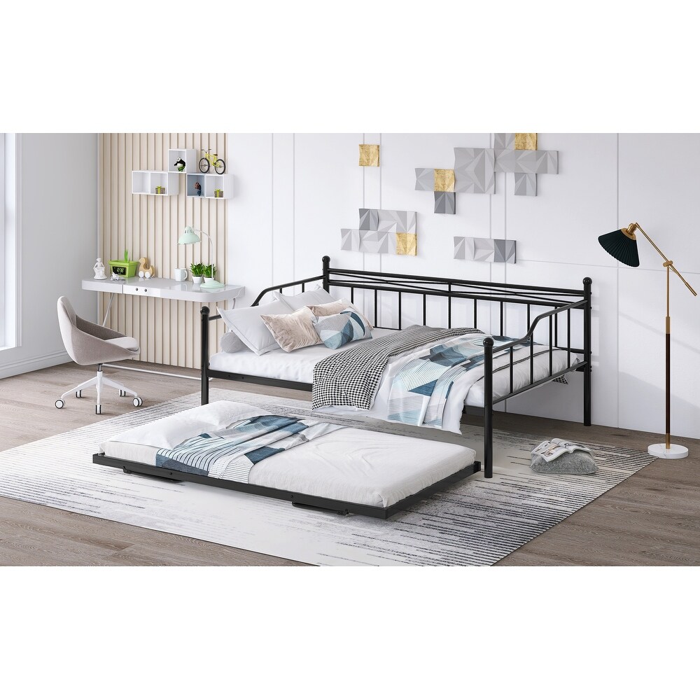 Full Size Metal Daybed with Twin Adjustable Trundle  Portable Folding