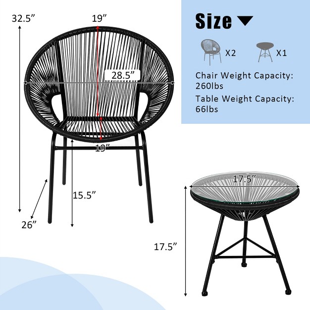 Costway 3pcs Patio Acapulco Furniture Bistro Set Plastic Rope Glass Table