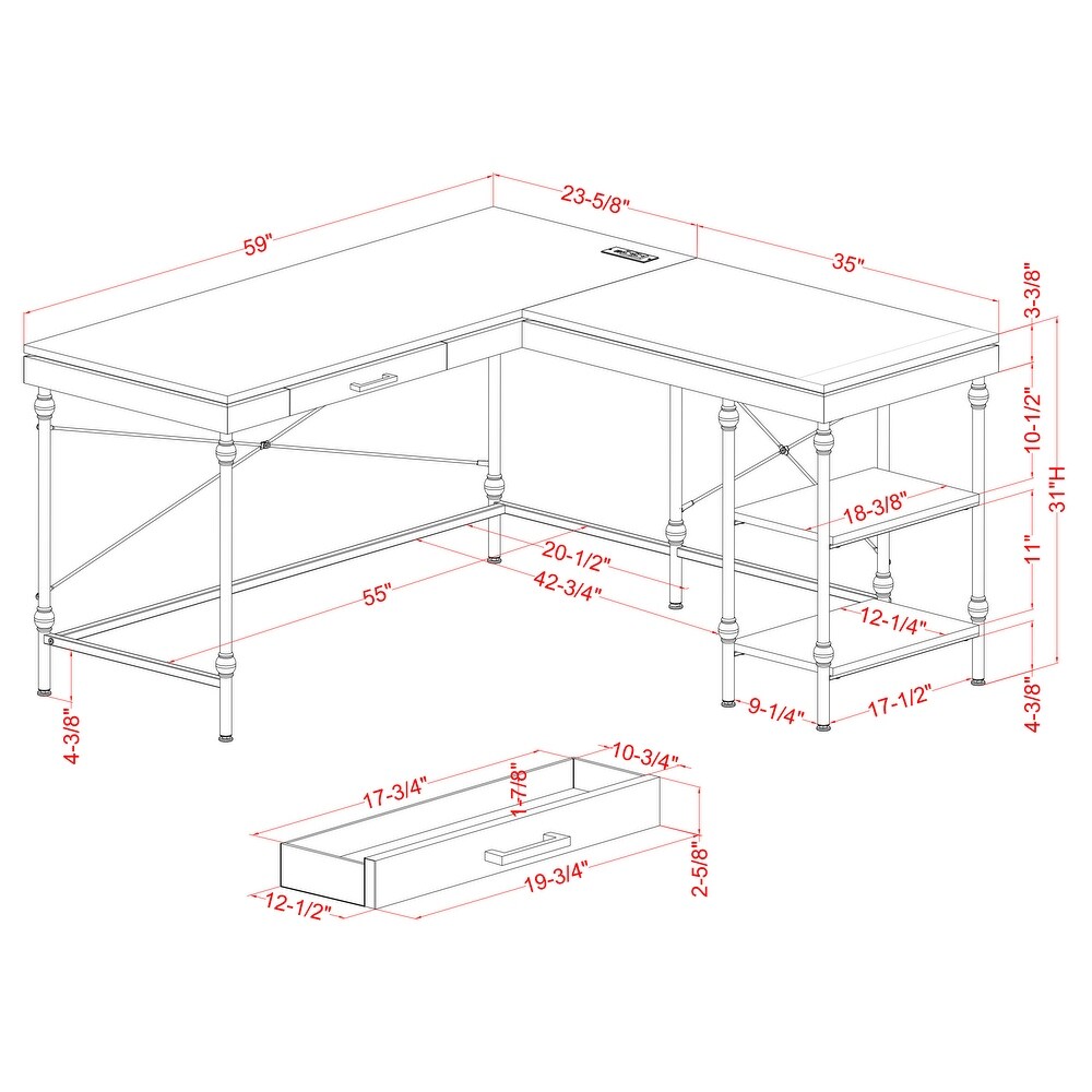 Haley Farmhouse 59 inch Metal L Shaped Computer Desk with USBs by Furniture of America