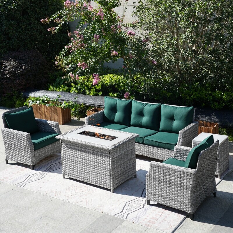 5 Piece Patio Wicker Sofa Set with Firepit Table and Rain cover