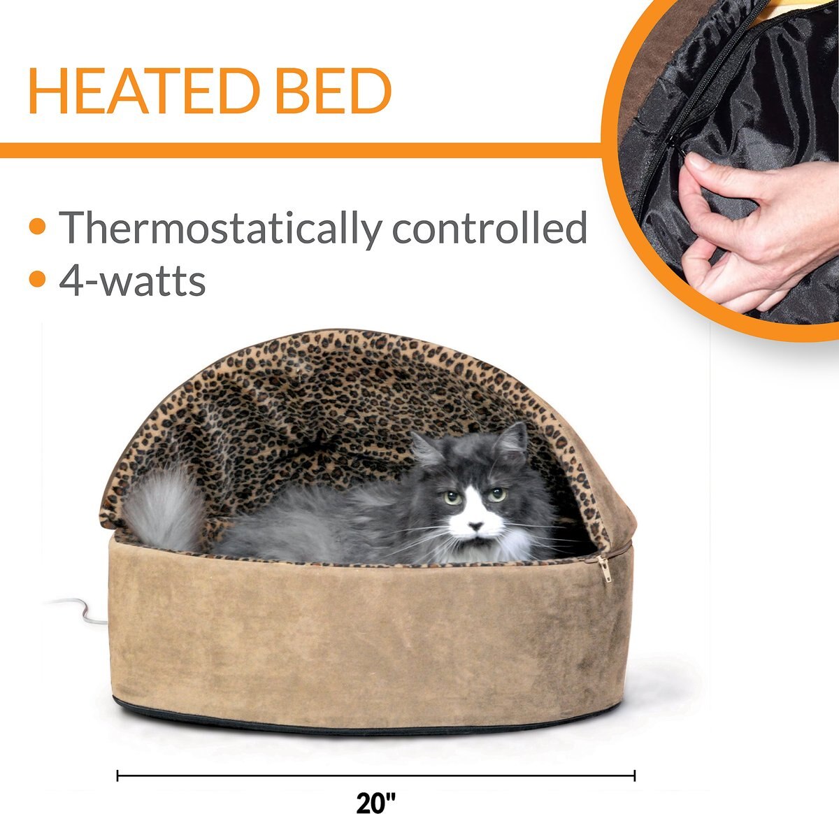 KandH Pet Products Thermo-Kitty Bed Deluxe Indoor Heated Cat Bed， Mocha/Leopard， Large