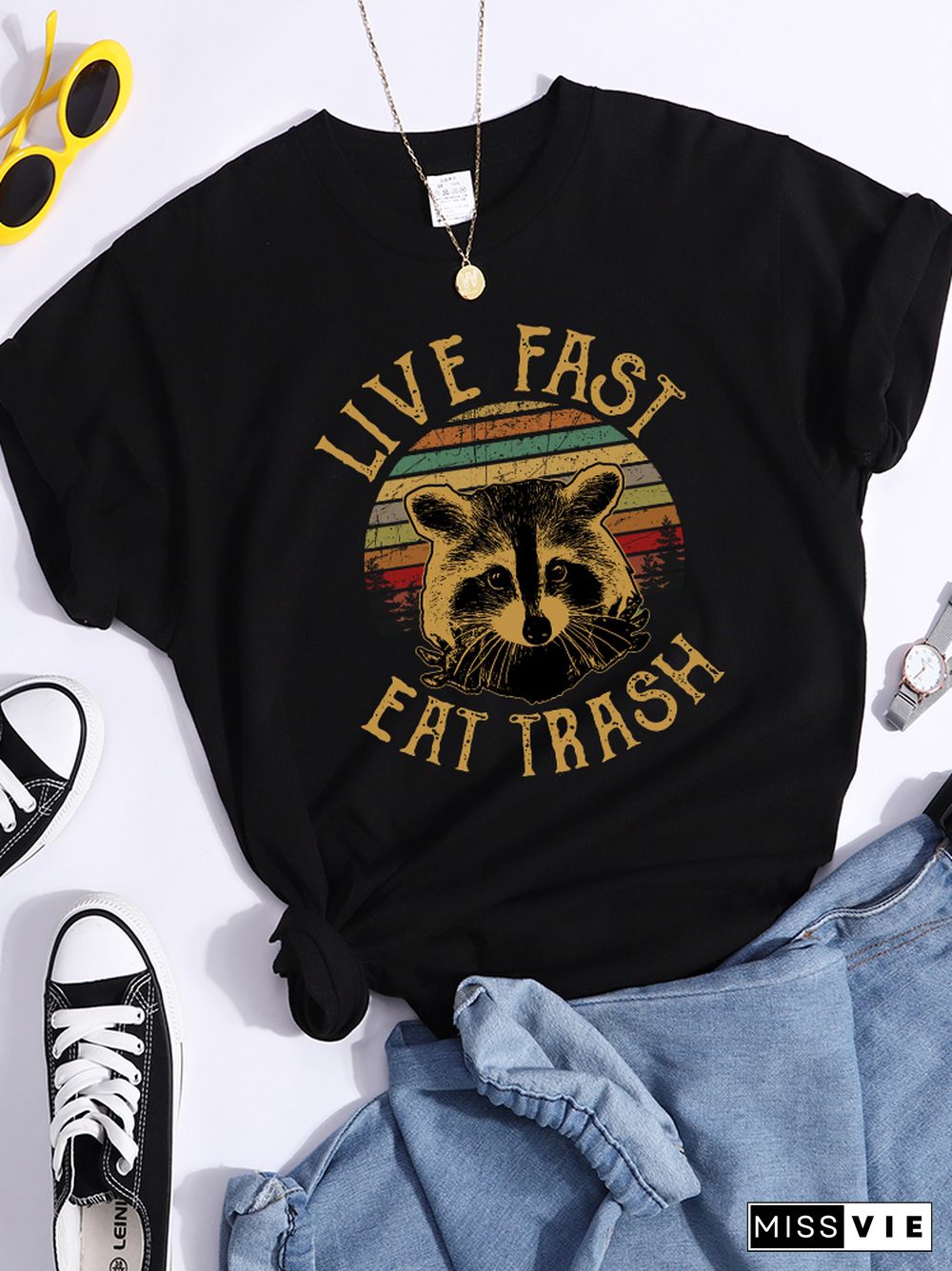 Live Fast Eat Trash Stray Raccoon Print Women T Shirt Fashion Casual Tshirt Street Hip Hop Crop Top Harajuku Sport Cool T-Shirts