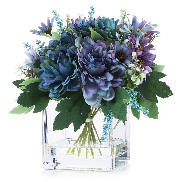 Enova Home Artificial Silk Daisy and Mixed Fake Flowers Arrangement in Clear Glass Vase with Acrylic Water For Home Decoration