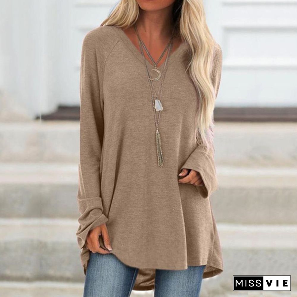 Women's Plain Long Sleeves Loose T-shirt Solid Color V Neck Pullover Tops Autumn Spring Fashion T-shirt Casual Tee