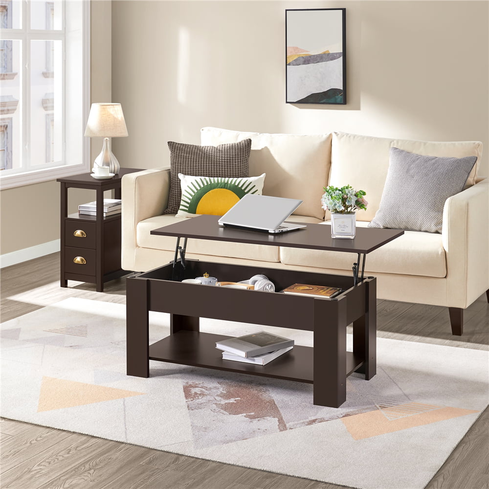 SMILE MART Lift Top Rectangular Wood Coffee Table with Hidden Compartment and Storage, Brown