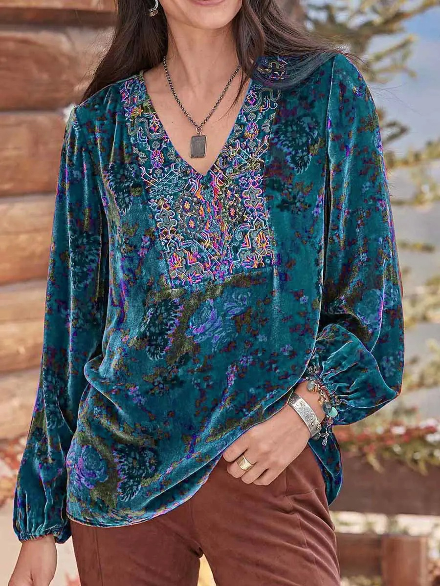 Casual Ethnic Floral Velvet Warm V-Neck Long Sleeve Blouse