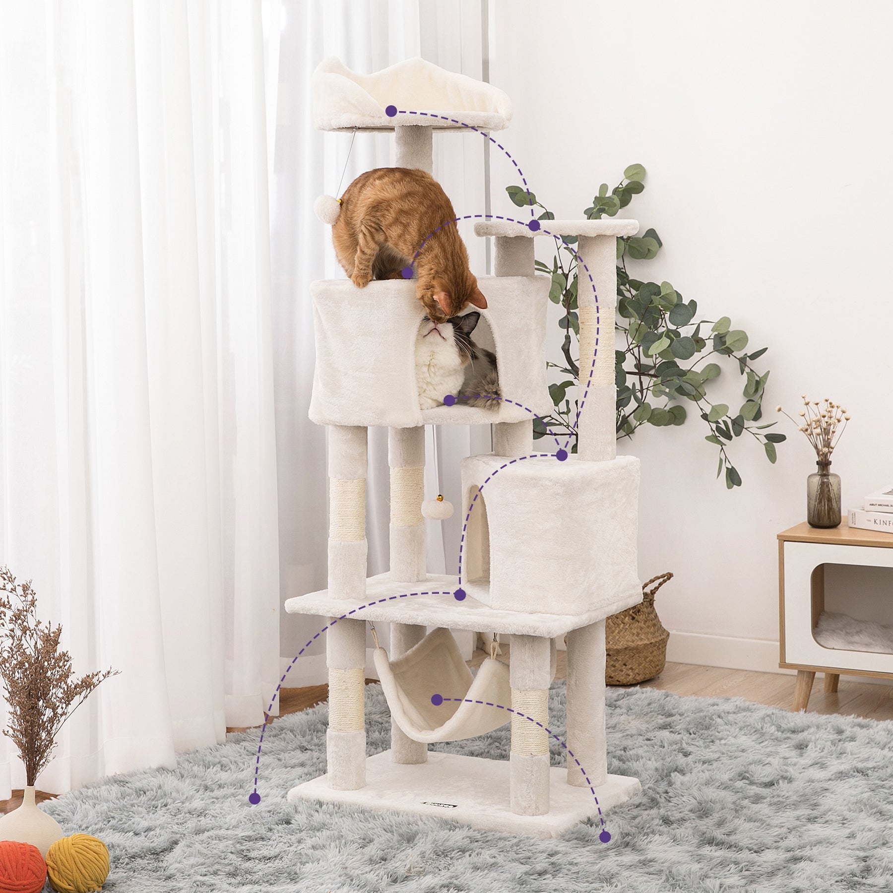 Quuzee 51.6-in Cat Tree Tower with Double Condo,Scratching Post Hammock, Beige