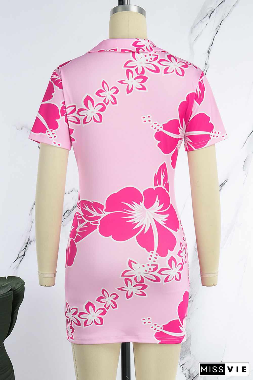 Pink Casual Print Basic V Neck Short Sleeve Dress