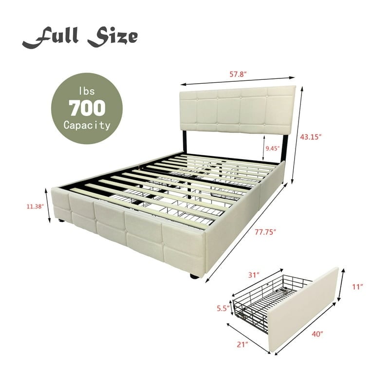 NNV Upholstered Platform Bed Frame with 4 Storage Drawers  Button Tufted Design