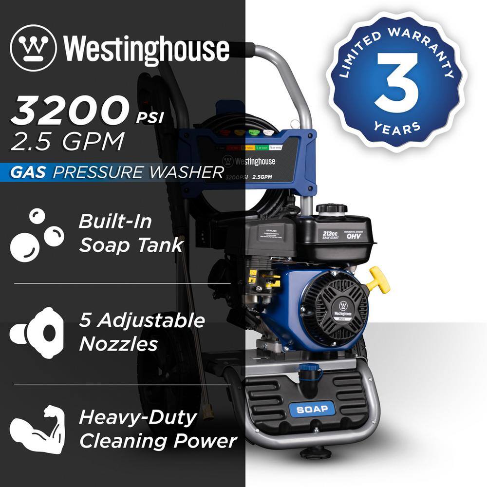 Westinghouse WPX 3200 PSI 2.5 GPM Gas Powered Axial Cam Pump Pressure Washer with Quick Connect Tips WPX3200