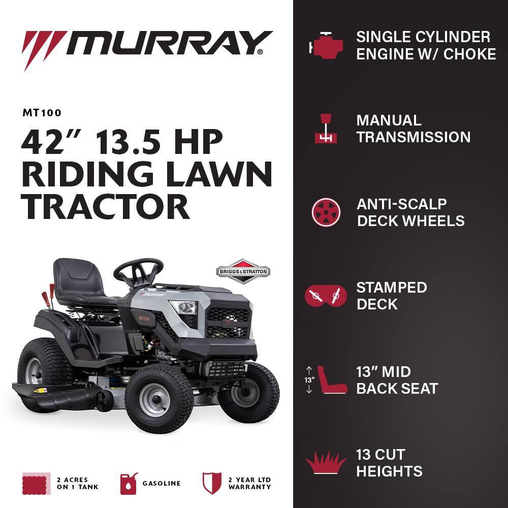 Murray MT100 42 in. 13.5 HP 500cc E1350 Series Briggs and Stratton Engine 6-Speed Manual Gas Riding Lawn Tractor Mower MYT4213500