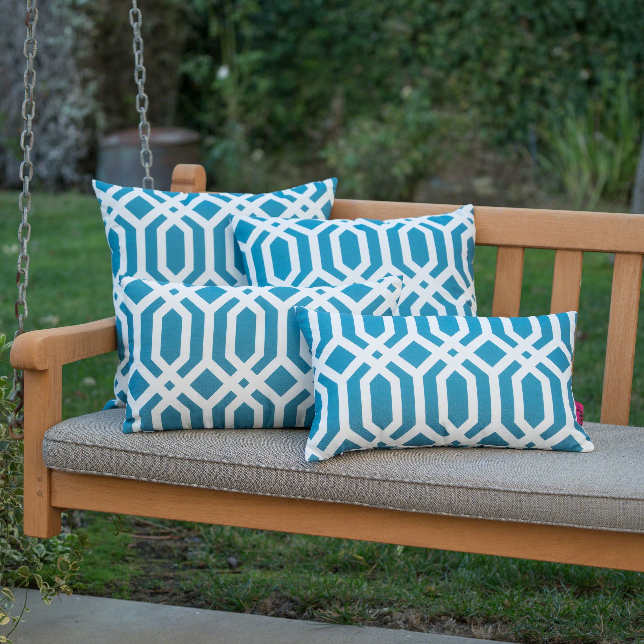 Manduka Outdoor Dark Teal Arabesque Patterned Water Resistant Square and Rectangular Throw Pillows (Set of 4)