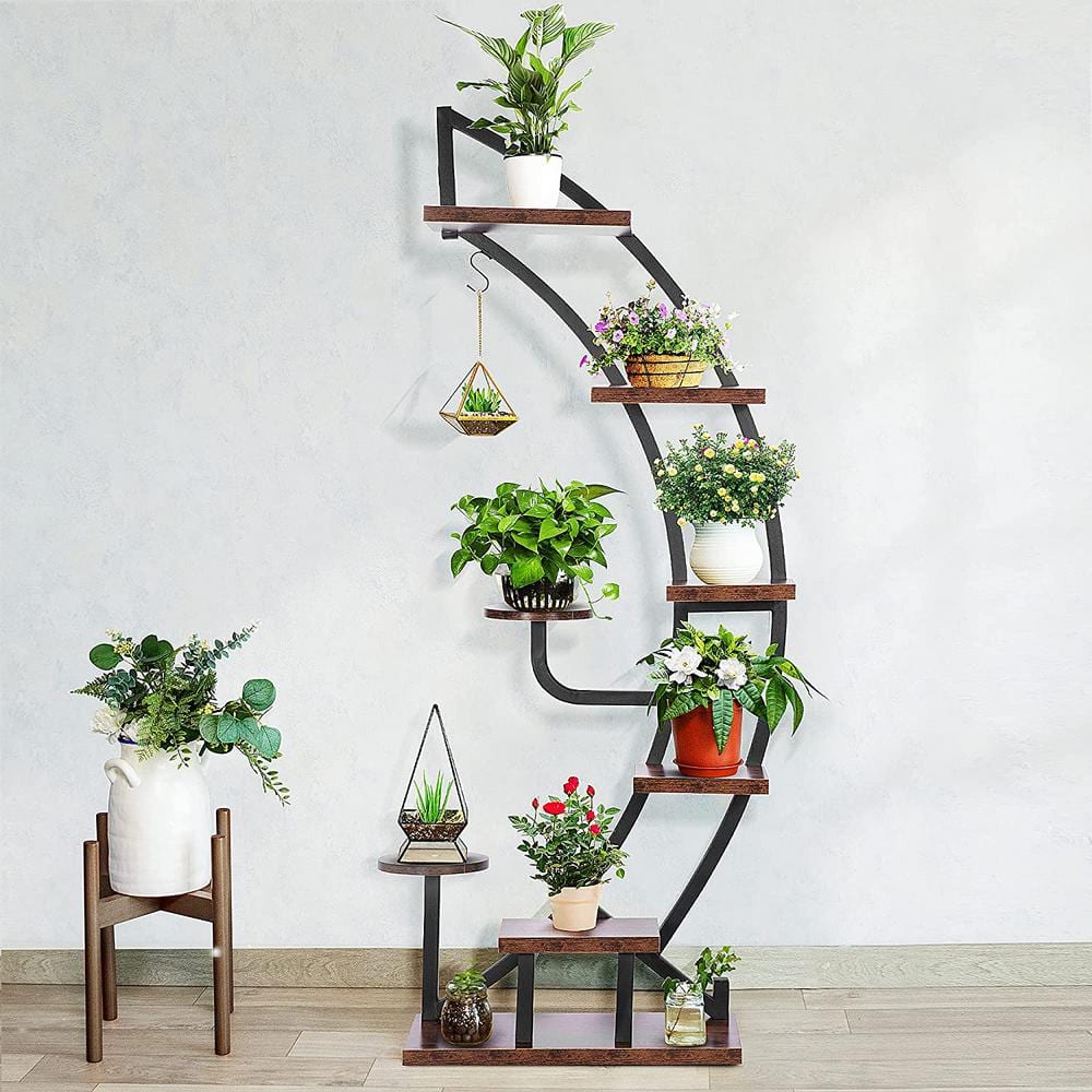 VIVOHOME 6-Tier 9 Potted Steel-Wood Curved Plant Stand with Hanger in Rustic Brown X002W53I1Z