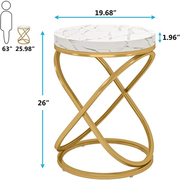 26 Inches White and Gold Faux Marble Top Nightstands Round End Table