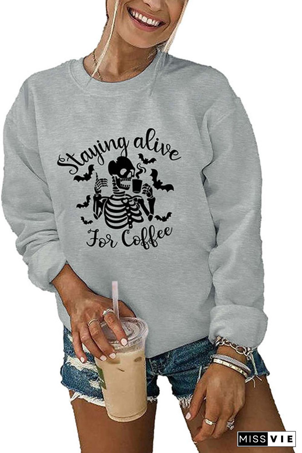 Staying Alive For Coffee Halloween Print O-neck Long Sleeve Sweatshirts Women Wholesale