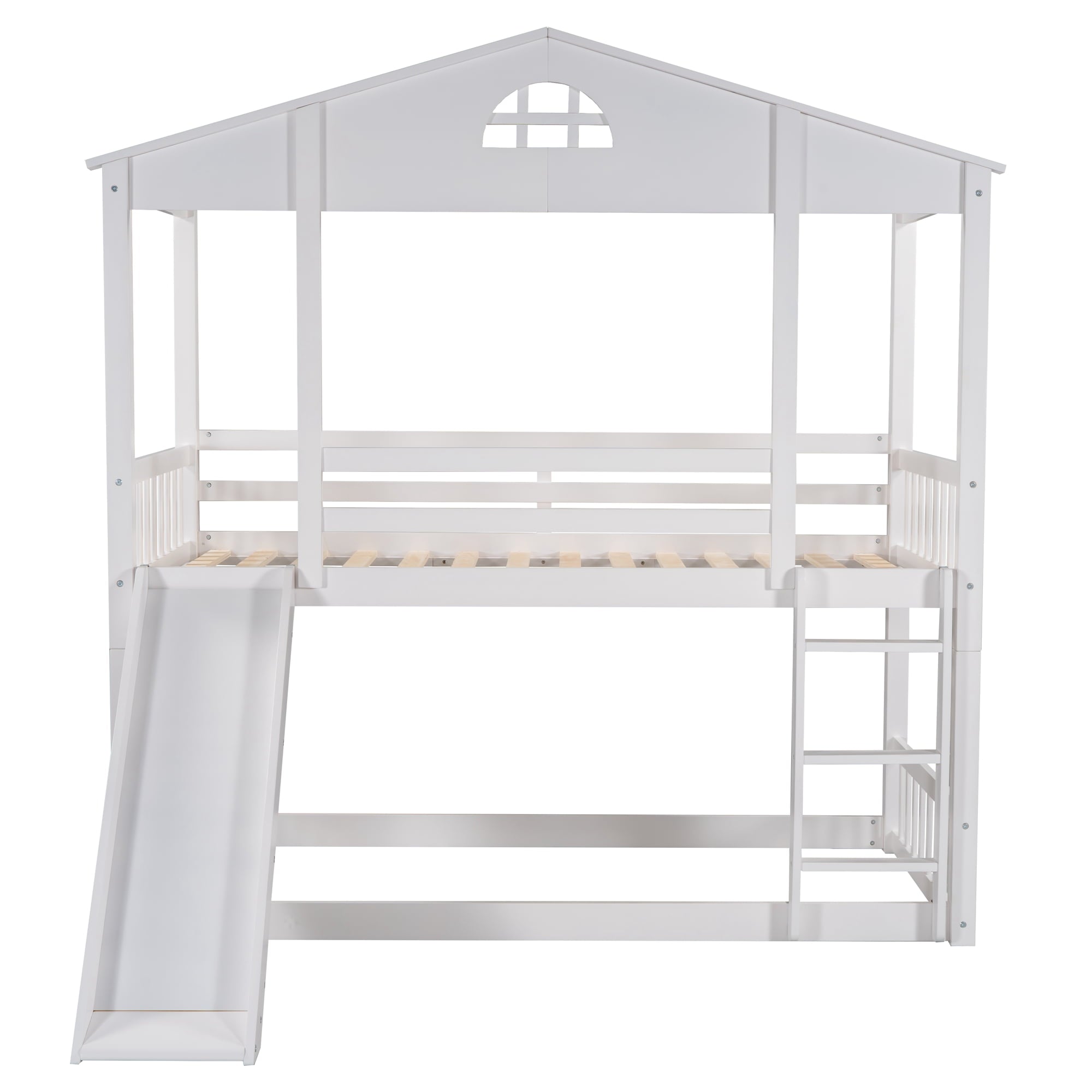 Twin House Bunk Bed with Convertible Slide and Ladder for Kids Room, White