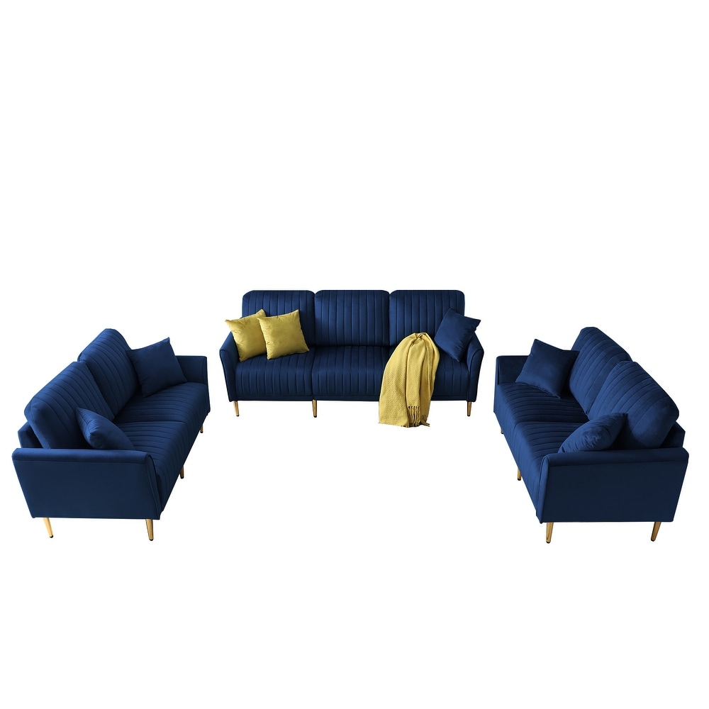 Sumptuous Velvet Sectional Sofa Set  Handcrafted Tufting  3 Piece Furniture  Reversible Back Pillows