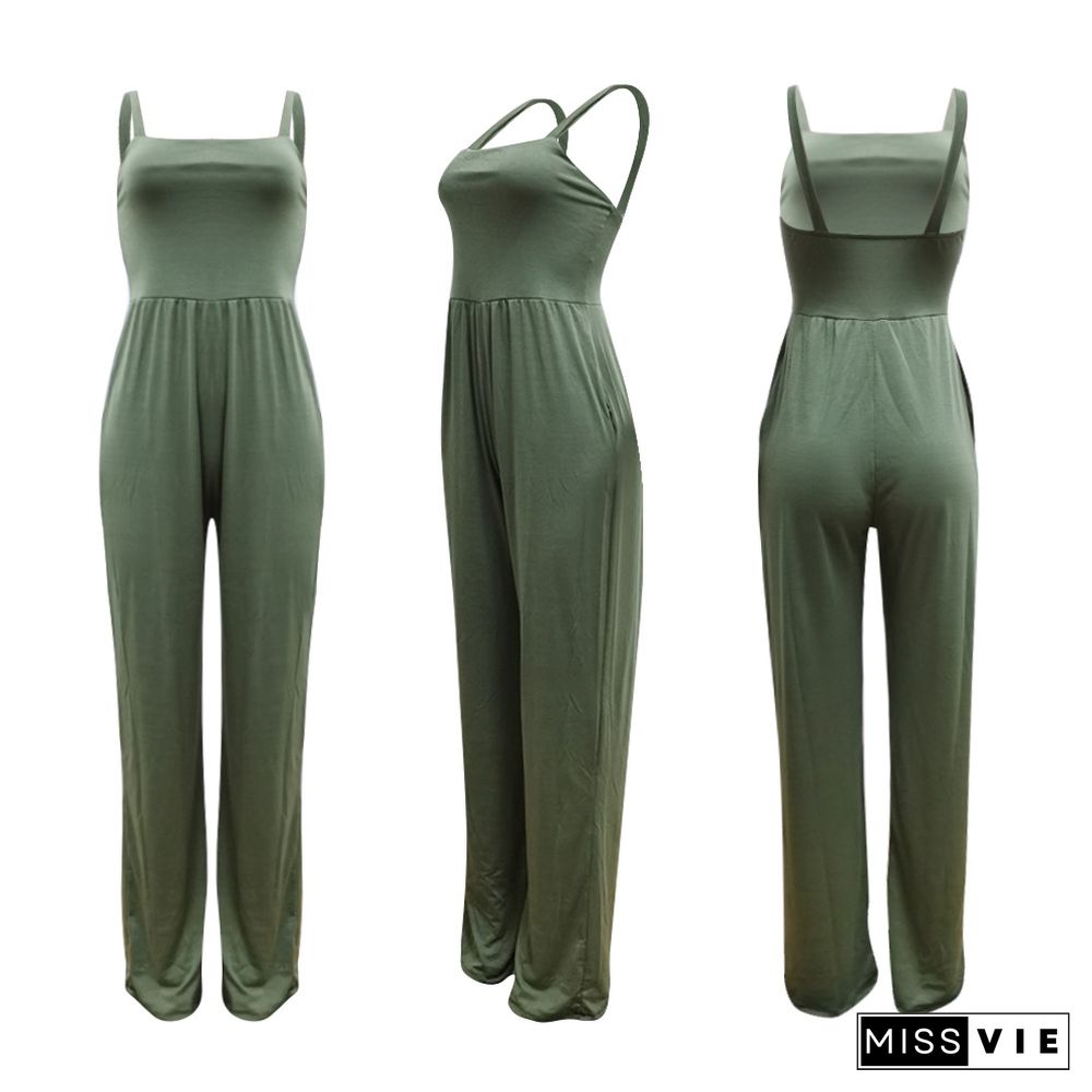 Casual Solid Color Summer Women's Sleeveless High Waist Streetwear Straight Leg jumpsuits