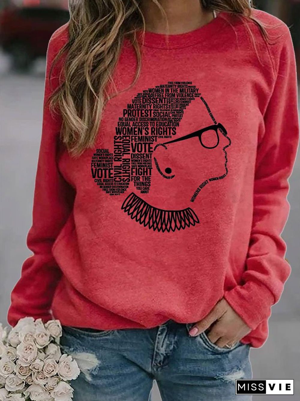 RBG Monogram Print Round Neck Long Sleeve Knitted Shift Sweatshirts