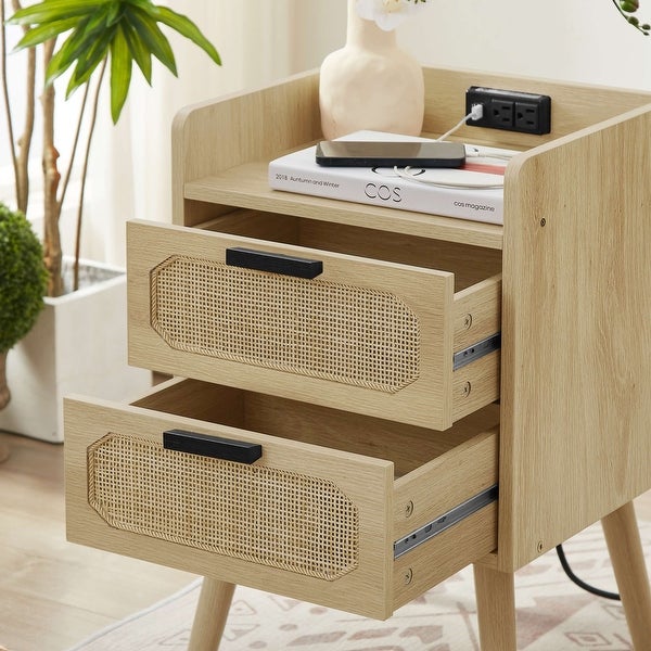 Rattan nightstand with socket side table natural handmade rattan（Natural 15.55''W*13.78''D*23.82''H） - - 37431293