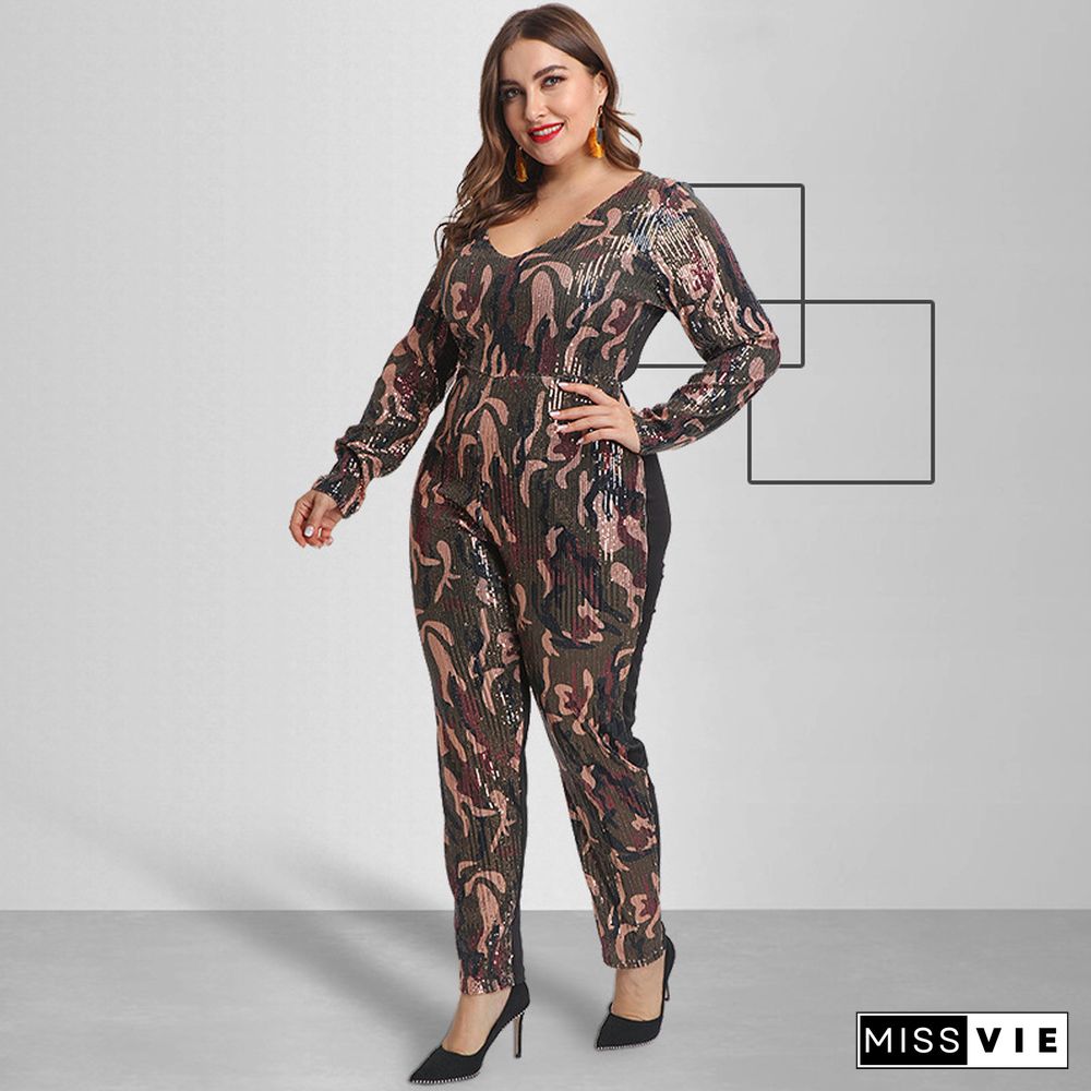 Plus Size Women Skinny Long Sequin Jumpsuit