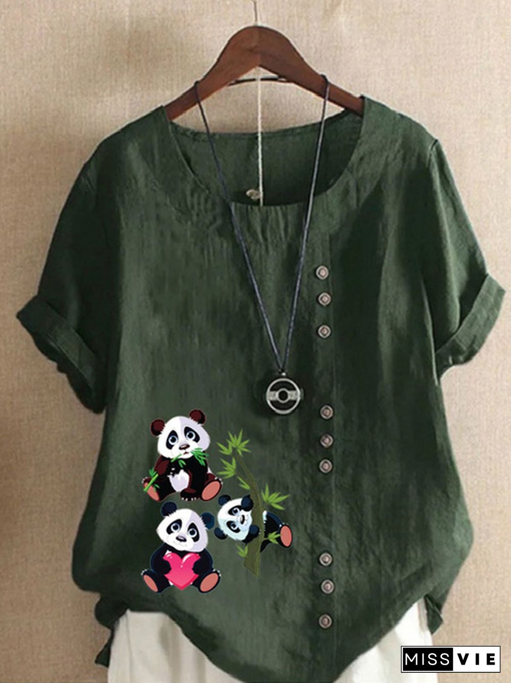 Women's Summer New Fashion Panda Print Round Neck Short-sleeved T-shirt Casual Loose Solid Color Shirt Top Plus Size