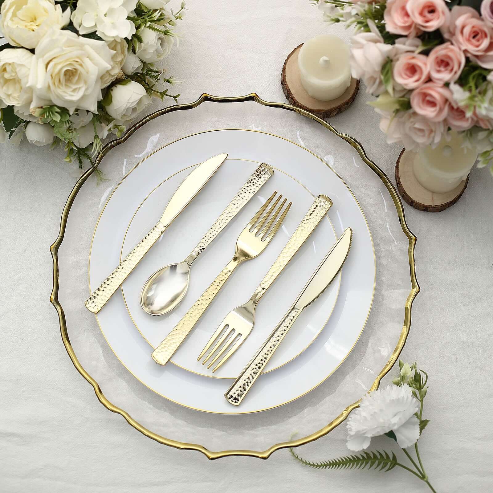 24 Pack Hammered Design Gold Heavy Duty Plastic Silverware Set 7