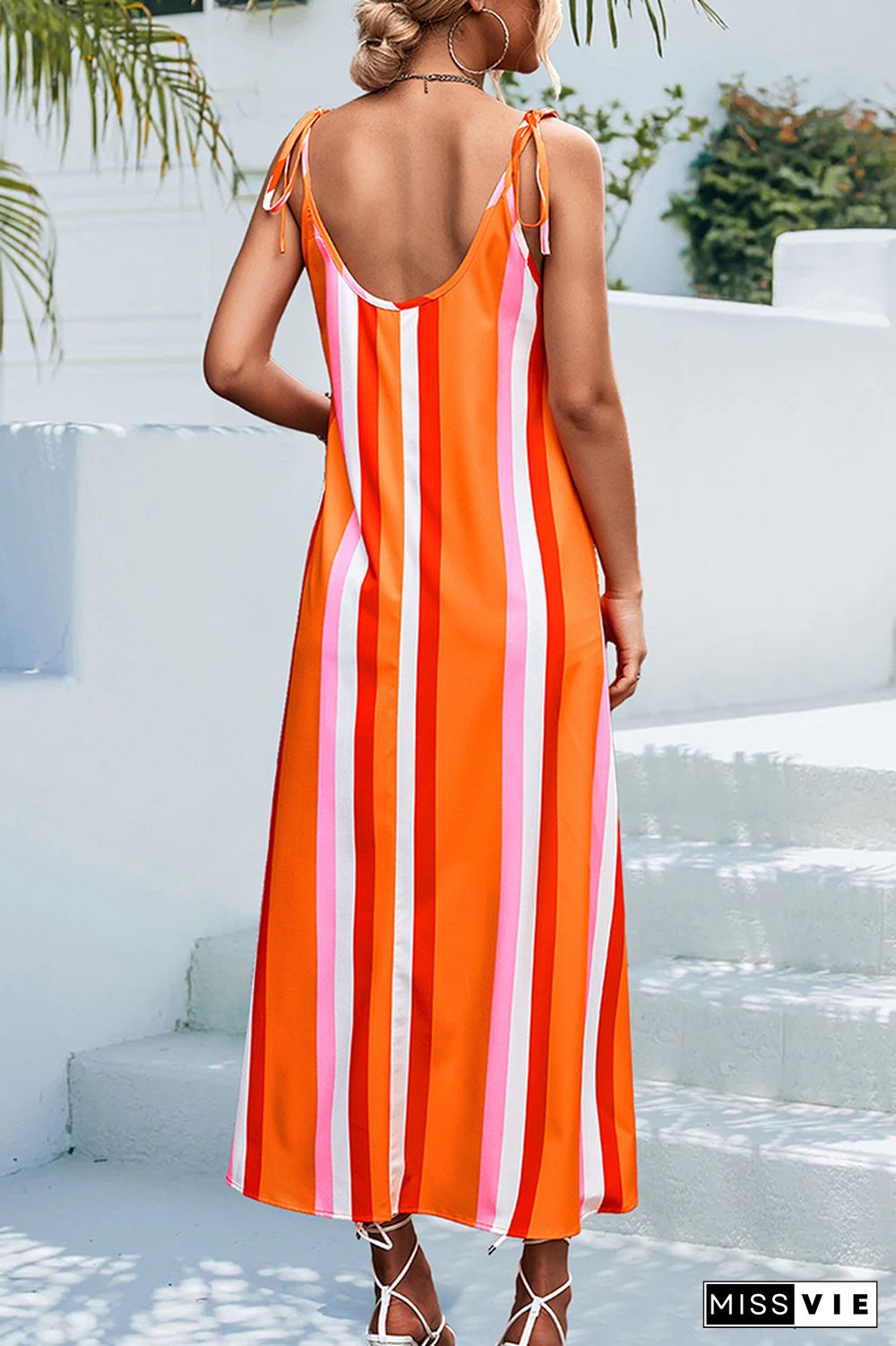 Stripes Splicing Colorblock Spaghetti Dress