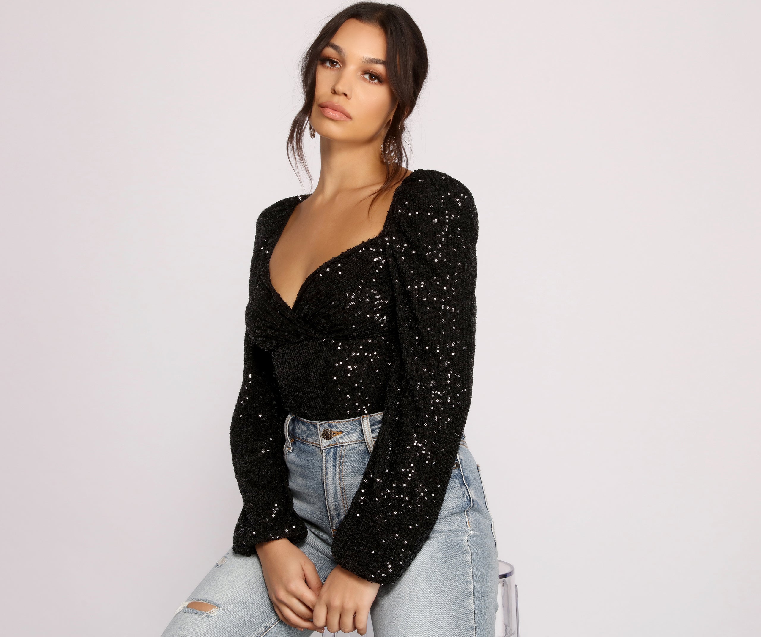 All that Glow Puff Sleeve Sequin Bodysuit