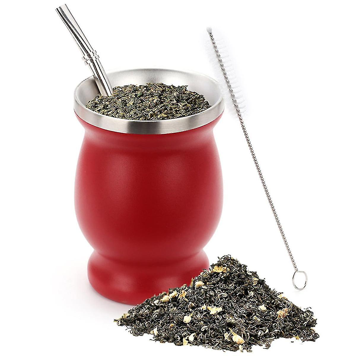 Stainless Steel Yerba Mate Gourd Set Includes 230ml/8oz Double Wall Yerba Mate Cup With Bombillas，bpa-free Lid And Brush