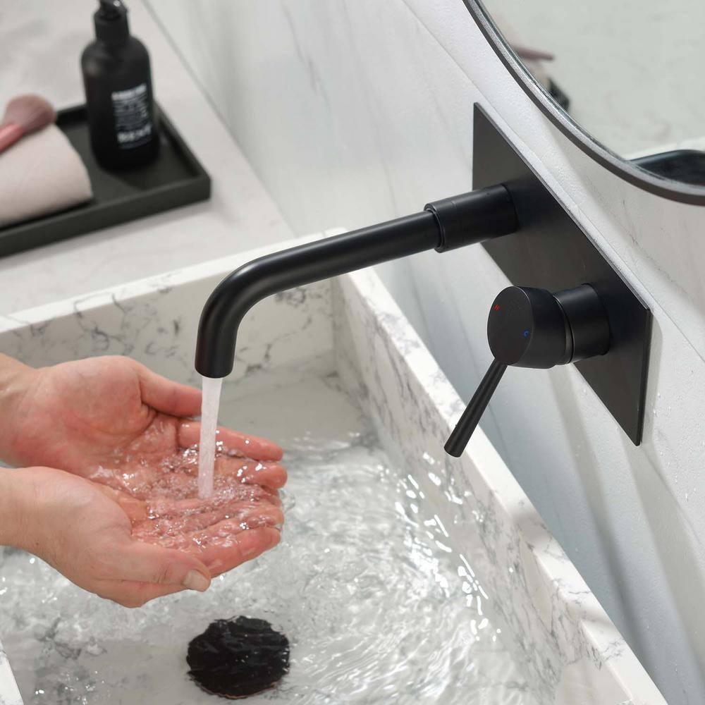 GIVING TREE Single Handle Wall Mounted Faucet with HotCold Indicators Included Valve Supply Lines in Matte Black RMHDFAUC0046