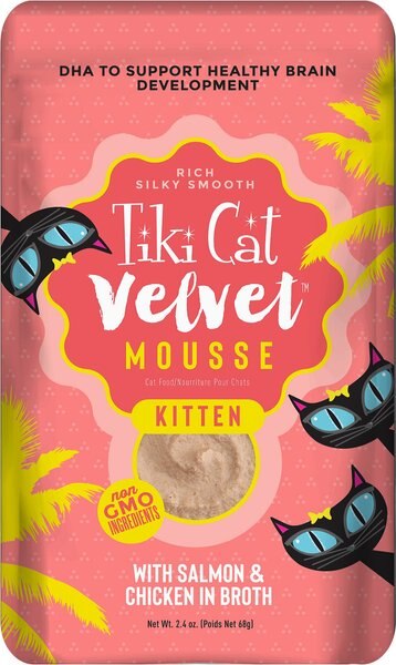 Tiki Cat Velvet Mousse Salmon and Chicken in Broth Wet Kitten Food， 2.4-oz， case of 12