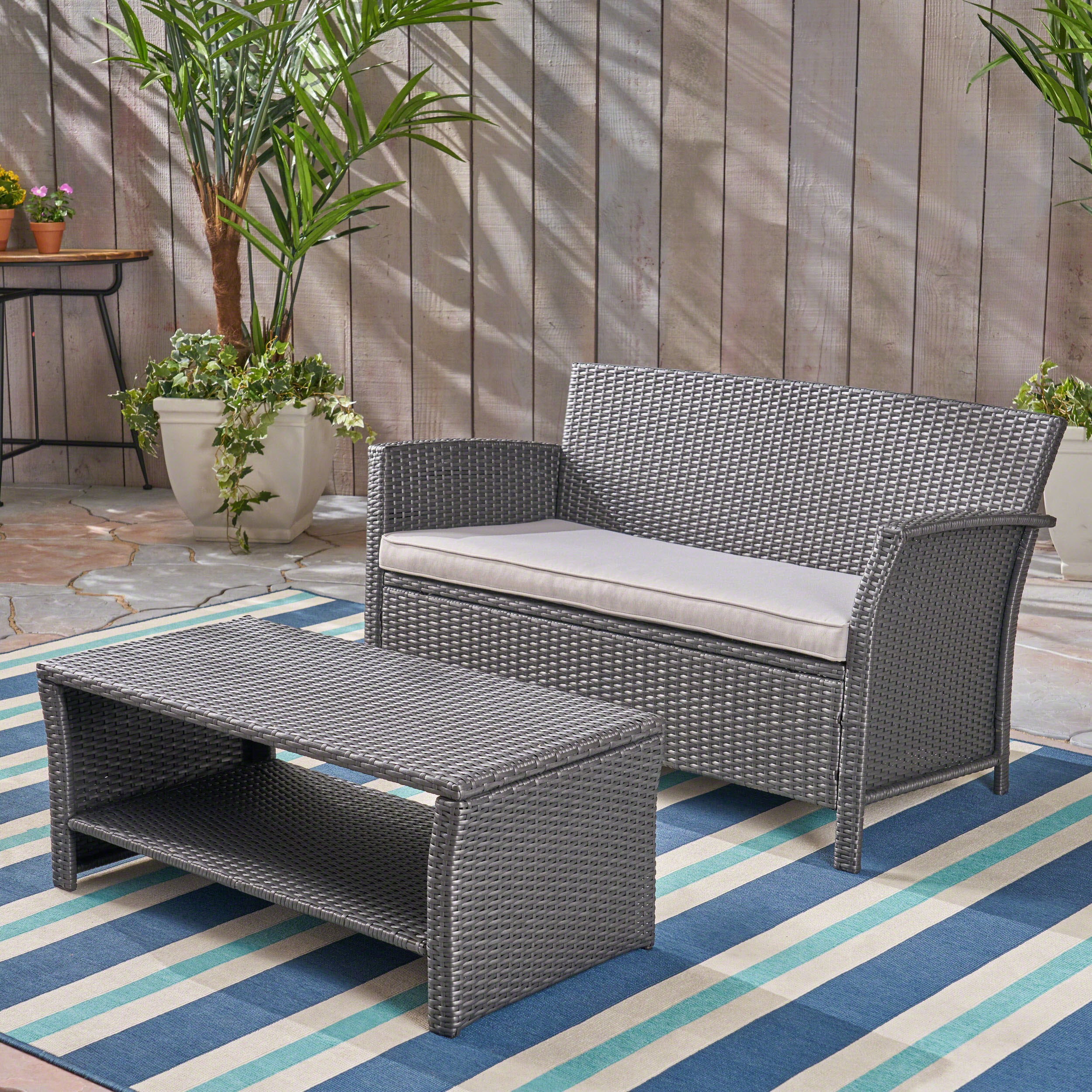 Lucia Outdoor Wicker Loveseat with Coffee Table