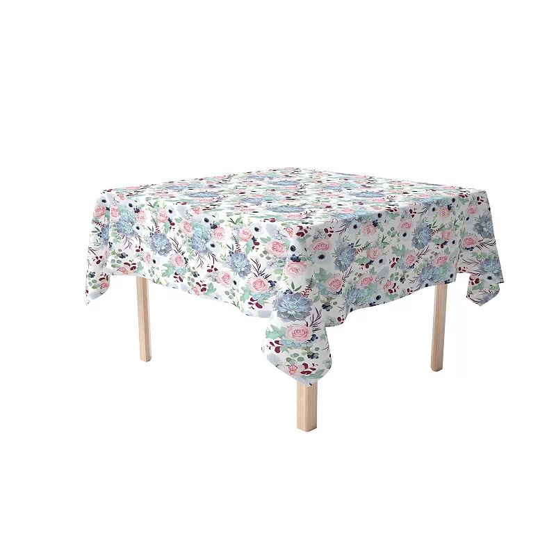 Square Tablecloth， 100% Cotton， 52x52， Pink Roses and Succulents