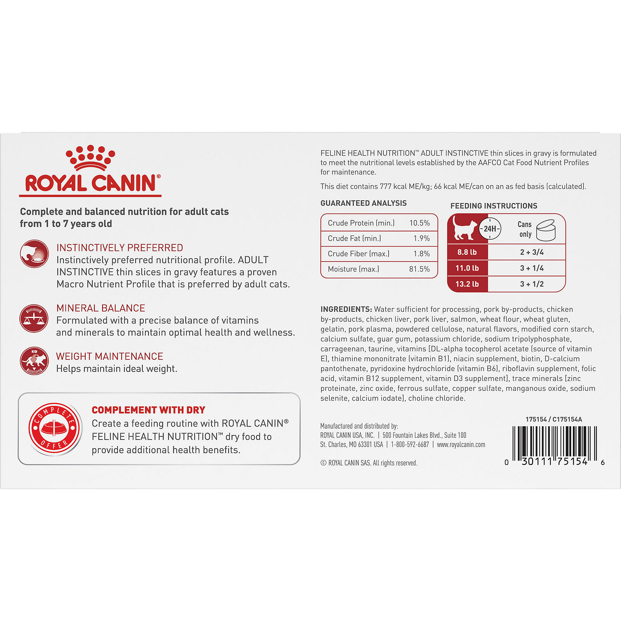 Royal Canin Adult Instinctive Thin Slices in Gravy Wet Cat Food Muti Pack， 3 oz.， Count of 18