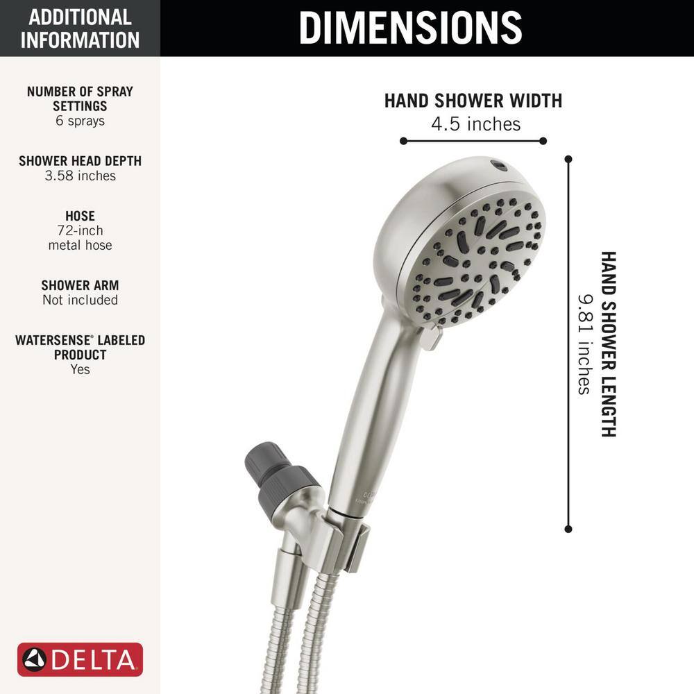 Delta 6-Spray Patterns 1.75 GPM 4.5 in. Wall Mount Handheld Shower Head in Spotshield Brushed Nickel 75740SN