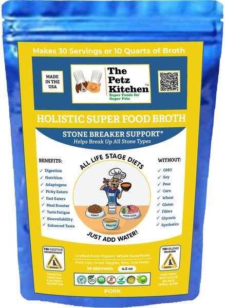 The Petz Kitchen Holistic Super Food Broth Stone Breaker Support Pork Flavor Concentrate Powder Dog and Cat Supplement， 4.5-oz bag