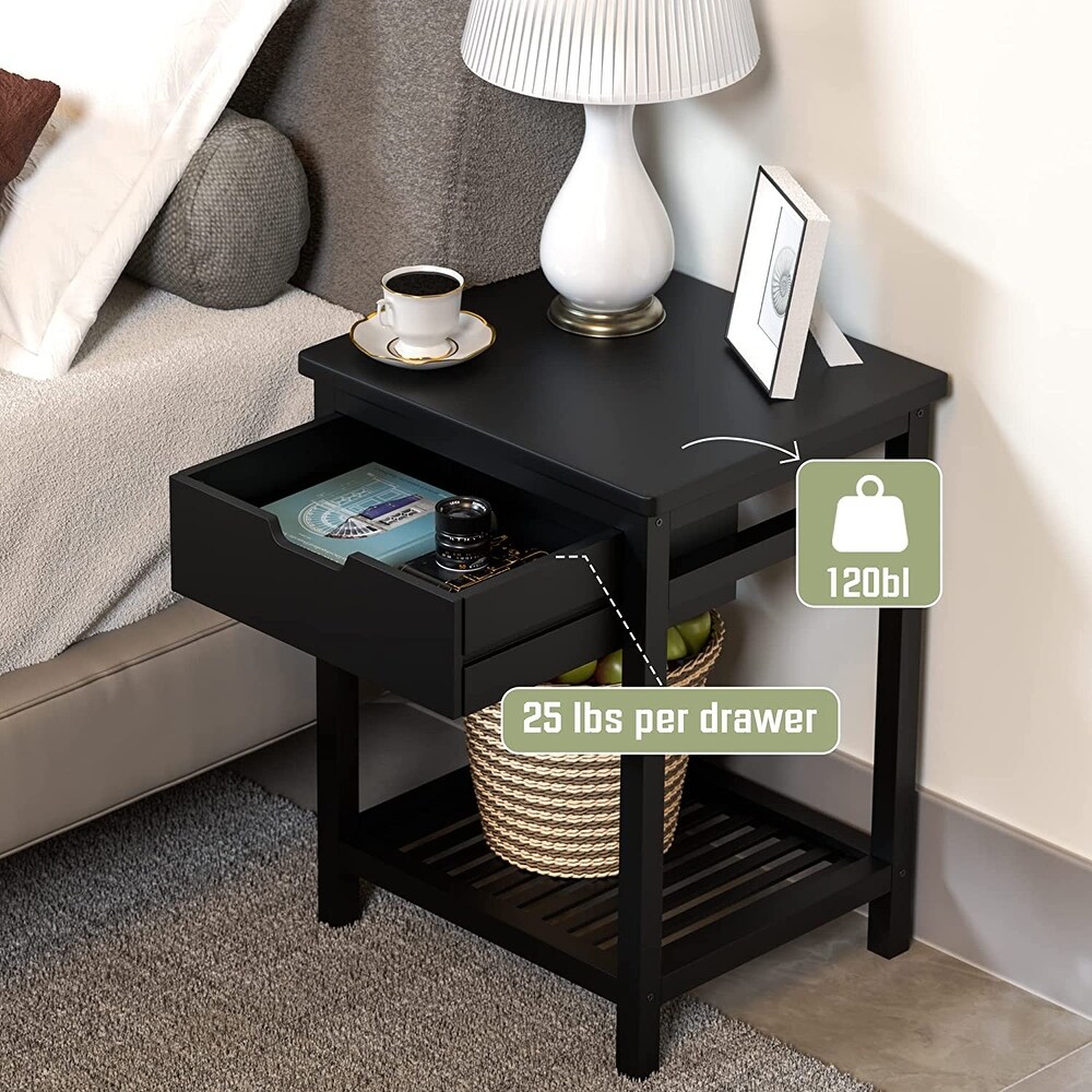 Bamboo Nightstand with Drawer and Open Storage Shelf for Livingroom  Square End Table Porch Bedside Cabinet Coffee Table