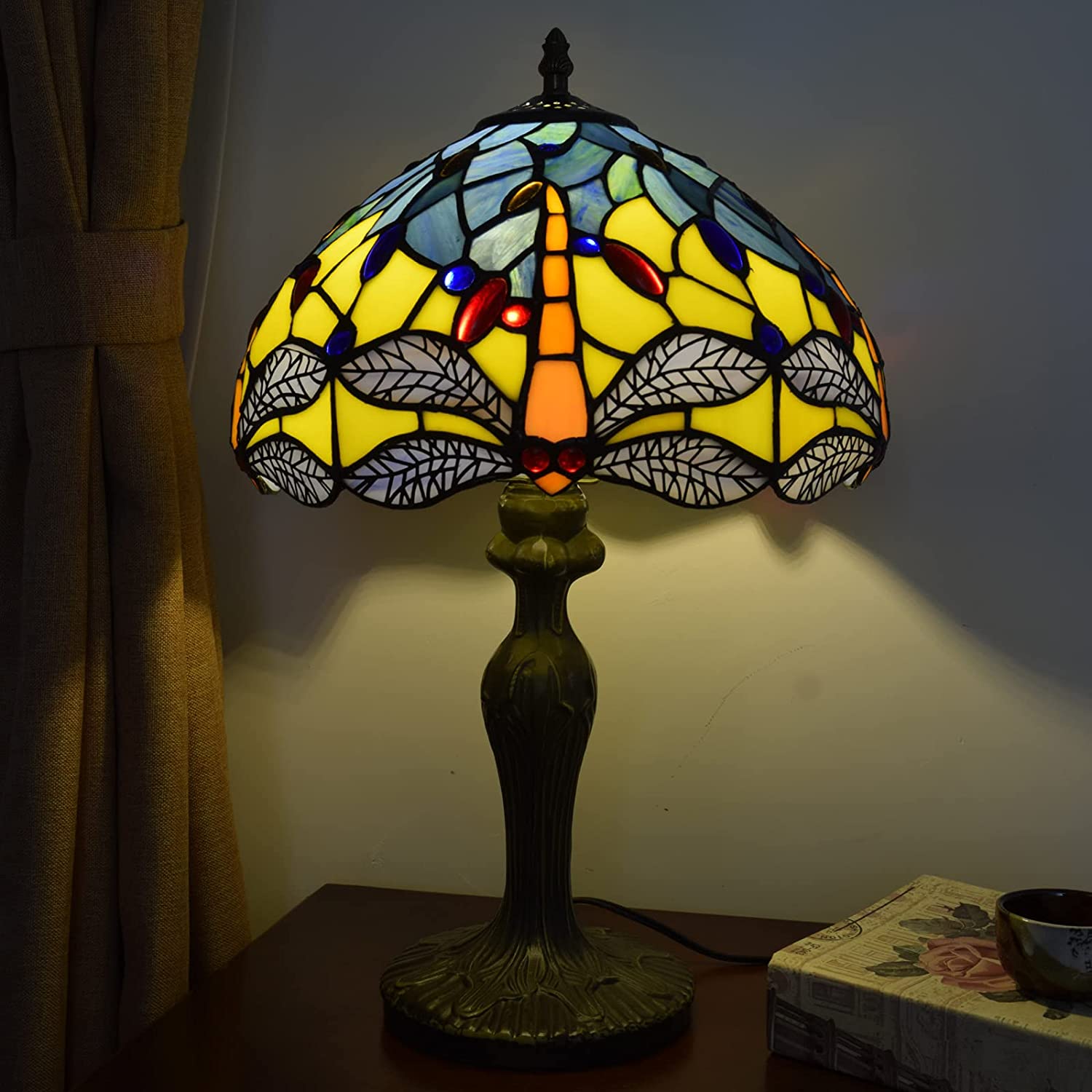 SHADY Tiffany Lamp Stained Glass Lamp Yellow Blue Dragonfly Bedroom Table Lamp Reading Desk Light for Bedside Living Room Office Dormitory Dining Room Decorate  12x12x18 Include Light Bul