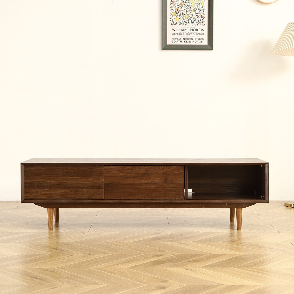 Stylish 45° Pointed Walnut Finish Media TV Stands with Spacious Storage Compartments and Shelves for Living Room