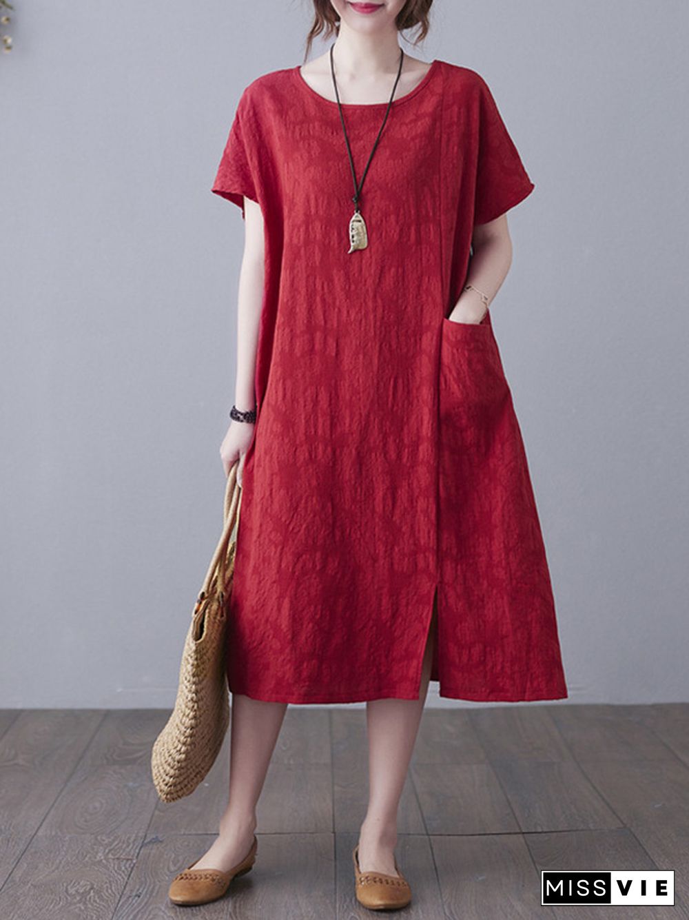 Original Solid Jacquard Short Sleeve Midi Dress